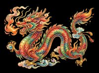 Ornate Asian dragon with flowing mane and tail, featuring red, gold, and green scales, isolated on transparent background. Ready for t-shirts, clipart, stickers, sublimation, and print-on-demand designs.
