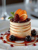 Layered cream dessert with caramel sauce, fresh berries and orange slices on top, garnished with mint leaf and chocolate sauce, served on white plate.