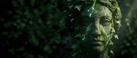 Stone sculpture face covered with green ivy leaves emerging from dark forest background creating mystical nature spirit or green man concept.
