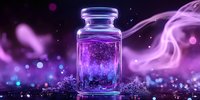Magical glass bottle with glowing purple contents and ethereal smoke effects against dark background with sparkles and mystical bokeh lights.