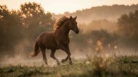 Majestic brown horse galloping through misty meadow at golden hour sunrise with flowing mane against mountain landscape backdrop for equestrian and nature themes.