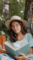 Young Asian woman in straw hat and glasses reading book outdoors on summer day, expressing peaceful contentment while enjoying literature in nature setting.