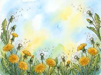 Watercolor dandelion meadow with yellow blooms and fluffy seed heads against a soft blue and yellow sky background with copy space.