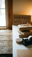 Stacked kraft paper gift boxes tied with twine next to tape dispenser and wooden sign reading handmade with love in warm sunlit room.
