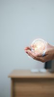 Hand holding glowing light bulb with digital circuit pattern, symbolizing innovation, technology, and creative ideas for business solutions and energy efficiency concepts.
