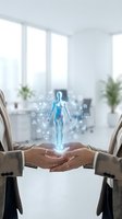 Business professionals hands protecting holographic human body with medical icons in modern office environment for healthcare technology concepts.