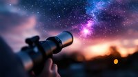 Telescope pointed at vibrant night sky with purple and pink milky way galaxy, stars and cosmic clouds visible against sunset horizon. Stargazing and astronomy concept.