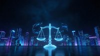 Glowing neon scales of justice symbol with futuristic cityscape, representing law, legal services, and digital technology for corporate and business applications.