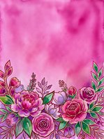 Watercolor pink floral border with roses and peonies on vibrant magenta background, perfect for greeting cards, invitations, and wedding designs.