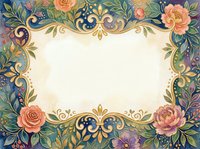 Watercolor floral frame with gold ornaments, roses, and lush green leaves on a dark blue background, featuring a blank center for text or design.