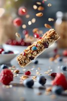 Levitating granola bar with fresh berries and nuts falling in motion. Dynamic food photography with bokeh effect on dark background. Great for healthy snack advertising.
