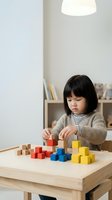 Young Asian girl playing with colorful wooden blocks at table in modern nursery room developing fine motor skills and creativity through educational play.