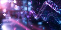 Abstract digital wave visualization with glowing particles and bokeh lights in purple and blue tones, creating futuristic technology concept for backgrounds.