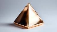 Metallic copper pyramid with smooth reflective surfaces on neutral gray background, geometric minimalist shape casting soft shadows, modern luxury design element.