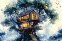 Magical treehouse with glowing windows nestled in blue-tinted foliage, featuring wooden stairs and wraparound porches, set against misty atmospheric background.