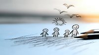 Simple pencil sketch of family stick figures walking together under sun and flying birds, drawn on white paper with soft natural lighting and shallow depth of field.