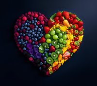 Fresh colorful fruits arranged in heart shape on dark background, including berries, kiwi, strawberries and citrus fruits creating rainbow gradient pattern.