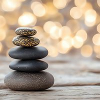 Balanced zen stones stack with glitter decorated pebbles on top against soft golden bokeh background, creating peaceful spa and wellness atmosphere.