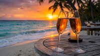 Two champagne flutes filled with golden bubbly on wooden table at tropical beach during stunning sunset with palm trees and turquoise ocean waves.
