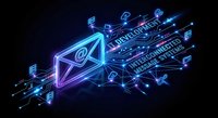 Digital email marketing concept with glowing neon envelope and data streams on dark background for business communication and online advertising campaigns.