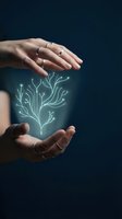Hands holding glowing neon plant branches against dark background, representing growth, innovation, and sustainable development for business and technology concepts.