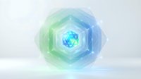 Glowing hexagonal crystal with blue and green light layers on white background, isolated for design projects and digital applications.
