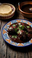 Traditional Mexican mole poblano with chicken served on colorful ceramic plate garnished with sesame seeds and cilantro on rustic wooden table.