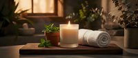 Spa wellness setup with burning candle, rolled towel and green plants on wooden tray creating peaceful relaxation atmosphere for massage therapy.