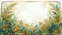 Watercolor botanical frame with golden wheat ears and green foliage on cream background for wedding invitations and greeting cards.
