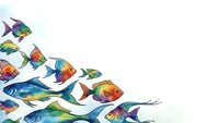 Colorful tropical fish swimming in dynamic formation with vibrant blues, greens, oranges and purples on clean white background for marine designs.