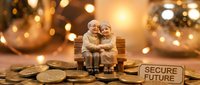 Elderly couple figurine sitting on bench with coins and secure future sign, retirement planning and financial security concept for golden years.