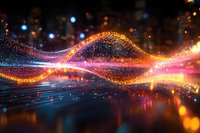 Glowing digital wave of colorful light particles flowing against dark background with bokeh effect, creating futuristic technology visualization.