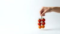 Hand holding fresh cherry tomatoes on vine against clean white background for healthy eating and organic food concepts.