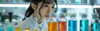 Young Asian female scientist in white lab coat conducting research with colorful liquid samples in laboratory setting, perfect for science and medical publications.