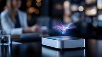 Futuristic holographic projection emerging from metallic device on desk, with blurred office worker in background. Purple energy visualization concept.