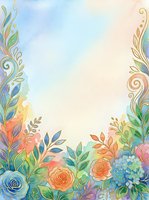 Watercolor floral frame with ornamental swirls and blooming flowers in pastel tones, isolated on white background for greeting cards and design projects.