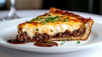 Savory meat pie slice with melted cheese topping and fresh herbs garnish on white plate, close-up view showing layers of ground beef filling and creamy texture.