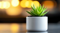 Small green succulent plant in modern white ceramic pot against blurred warm bokeh background, minimalist home decor composition for interior design.