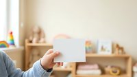 Young child with light skin tone holding blank white card in playroom with wooden shelves and toys, suitable for educational materials, greeting cards, and children's product marketing.