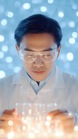 Asian male scientist in lab coat and safety glasses examining glowing experiment with bokeh light effect background, conveying innovation and research advancement.