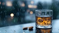 Glass of whiskey with ice cubes on wet surface against blurred rainy window background with bokeh lights, accompanied by coffee beans creating moody atmosphere.