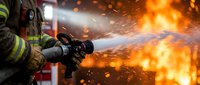 Firefighter in protective gear spraying water on intense flames with dramatic sparks and smoke during emergency response operation.