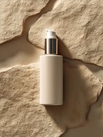 Minimalist beige cosmetic bottle on textured stone background with dramatic shadows. Natural organic skincare product photography for beauty and wellness marketing.