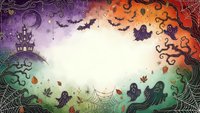 Halloween spooky frame with ghosts, bats, haunted house and spider webs on gradient background for seasonal decorations and party invitations.