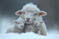 White fluffy sheep family portrait with mother and two lambs snuggling together in winter snow, showing tender bonding moment against blurred background.