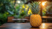 Fresh ripe pineapple on wooden table outdoors at sunset with natural bokeh background and warm sunlight creating tropical summer atmosphere.
