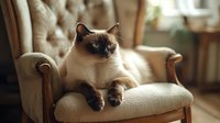 Siamese cat with blue eyes relaxing on vintage beige armchair in cozy home interior with natural window lighting, showing regal and calm demeanor.