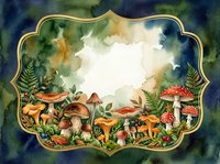 Watercolor autumn forest frame with mushrooms and ferns on transparent background. Decorative border for seasonal designs, invitations, cards.