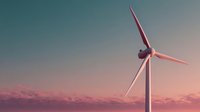 Solitary wind turbine against gradient sky with pink clouds at sunset, symbolizing renewable energy and sustainable power generation.