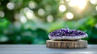 Raw amethyst crystal cluster on wooden slice against blurred green garden background with magical bokeh lights and sunbeam creating ethereal atmosphere.